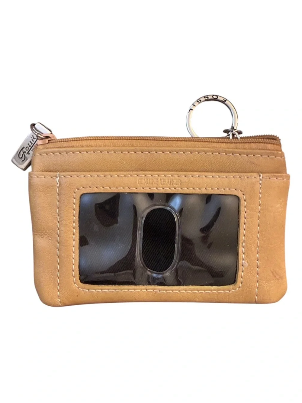 Fossil Beige Leather Mini Zip Card Pouch with Key Ring